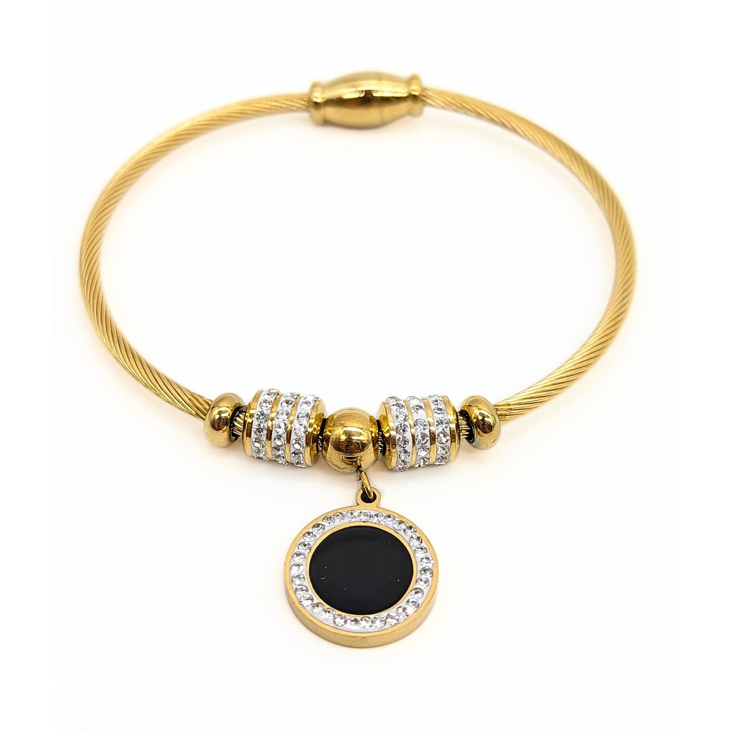 Gold cable bracelet with black enamel and crystal halo charm – Lucky Cookie Jewelry