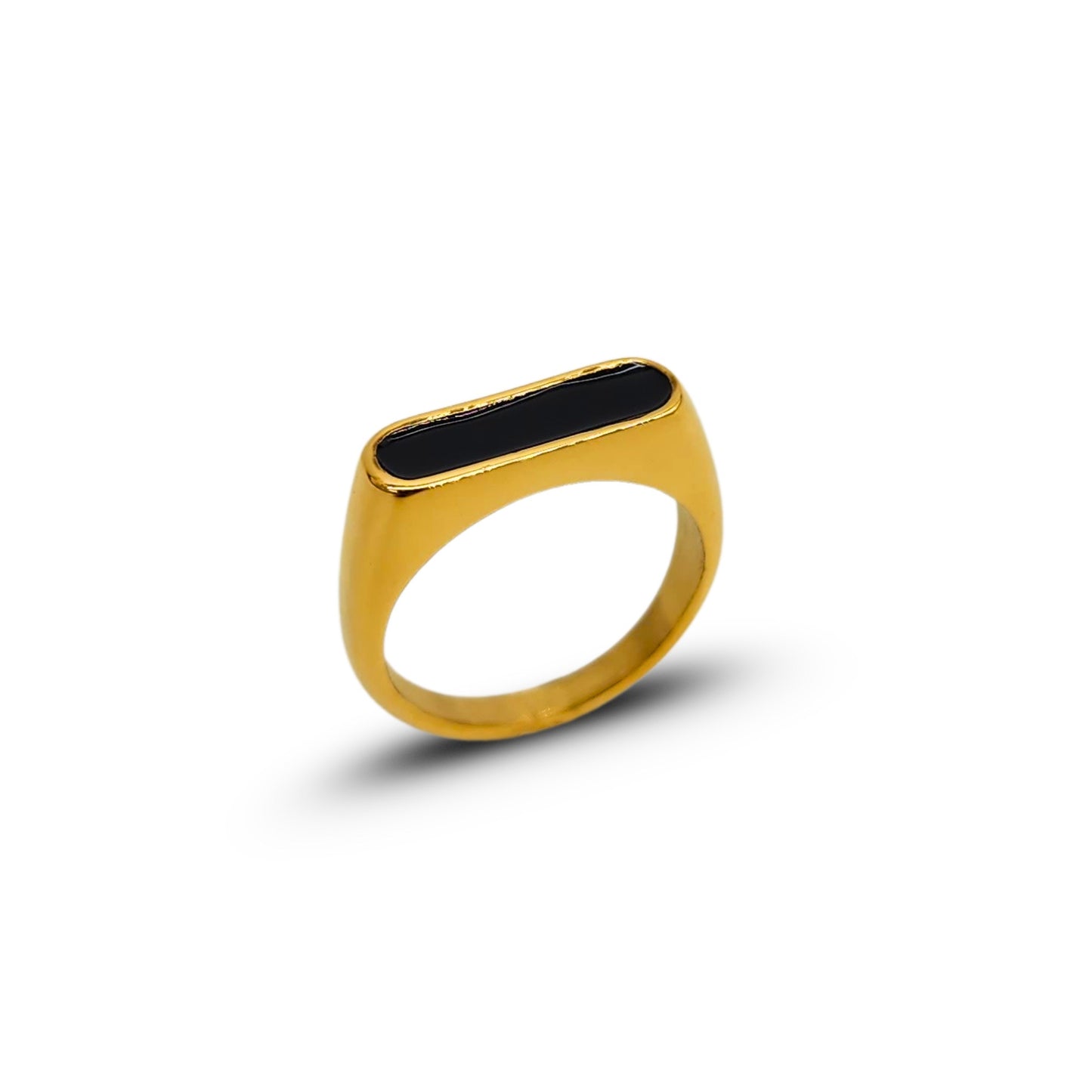 Chunky gold ring with rounded black enamel bar, modern unisex design