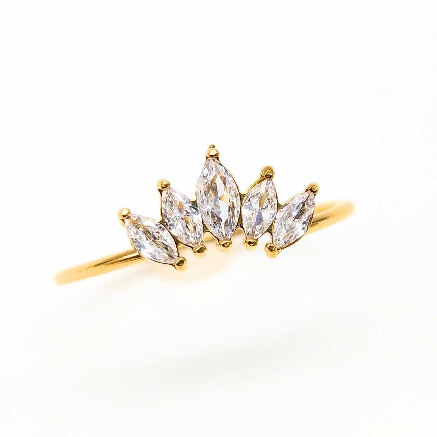 Crown Marquise Ring with five clear gemstones on thin 18k gold plated band