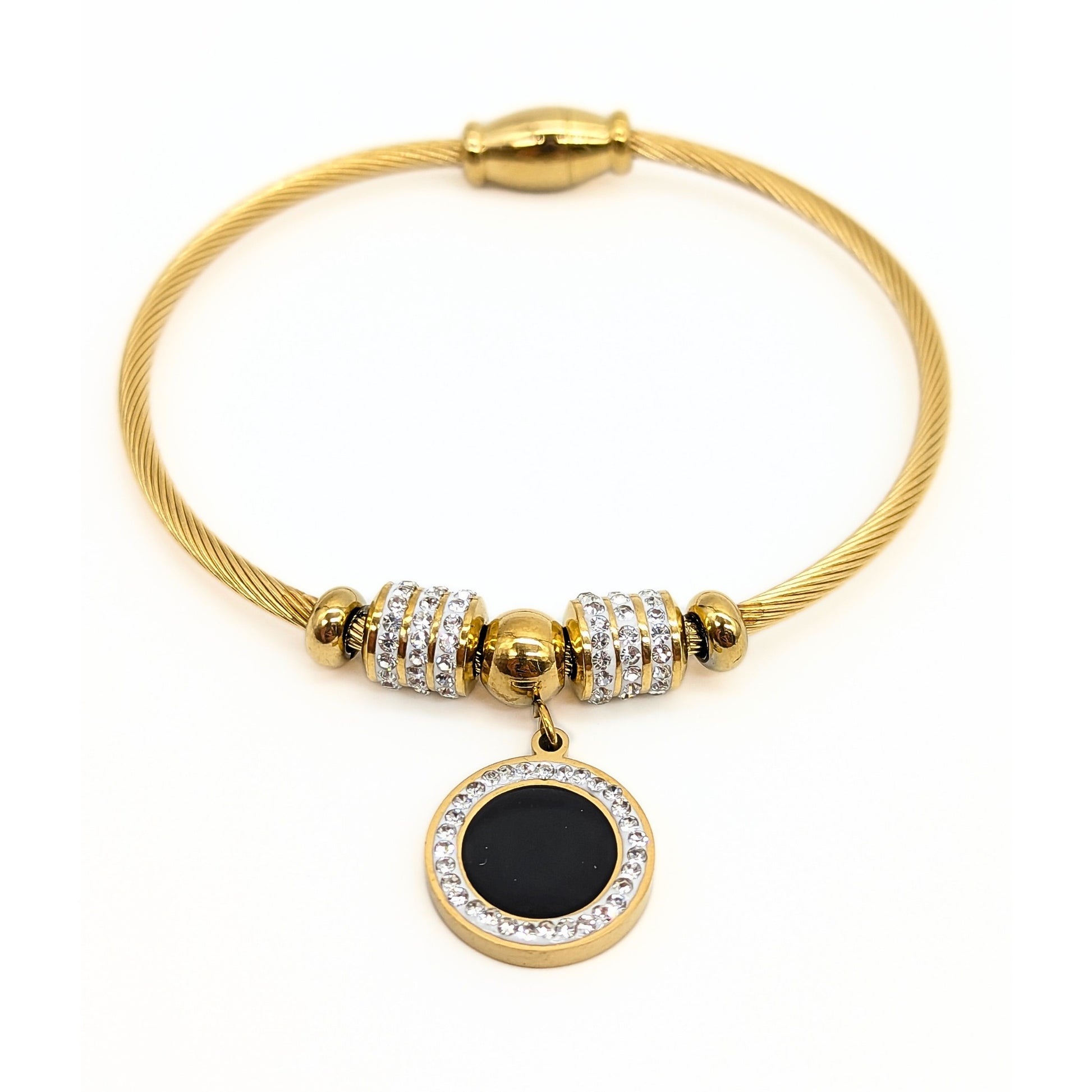 Gold cable bracelet with black enamel and crystal halo charm – Lucky Cookie Jewelry