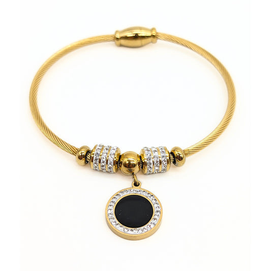 Gold cable bracelet with black enamel and crystal halo charm – Lucky Cookie Jewelry