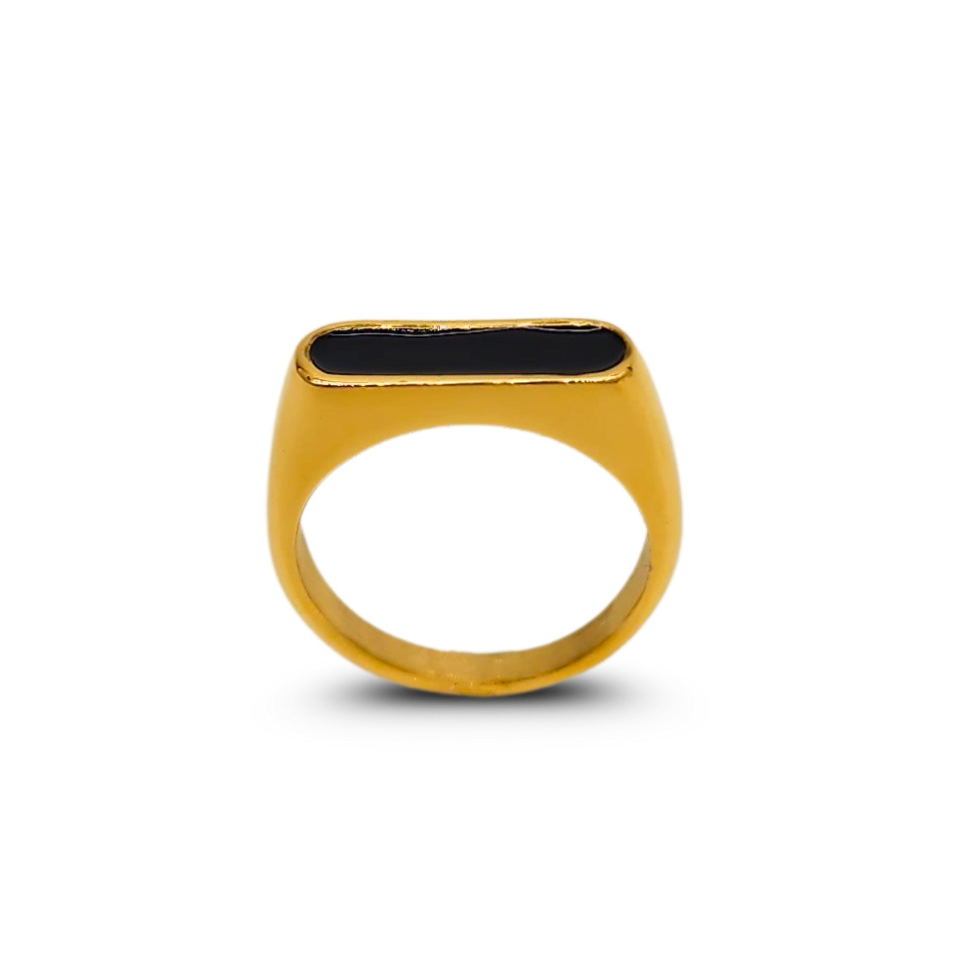 Bold gold signet-style ring with glossy black enamel inlay, front view