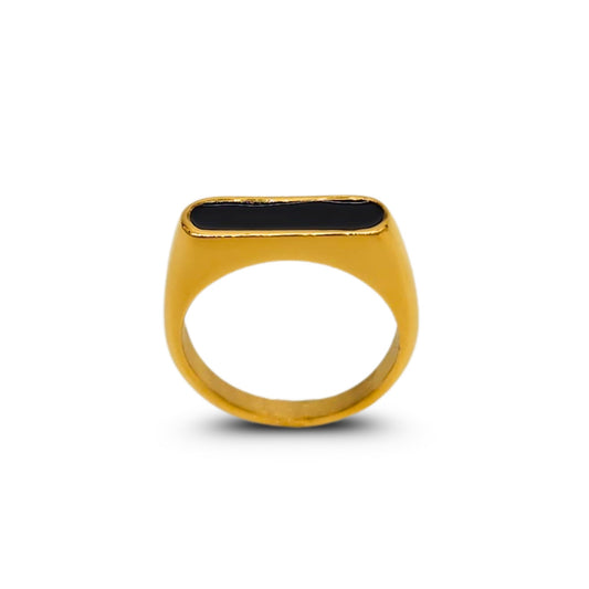 Bold gold signet-style ring with glossy black enamel inlay, front view