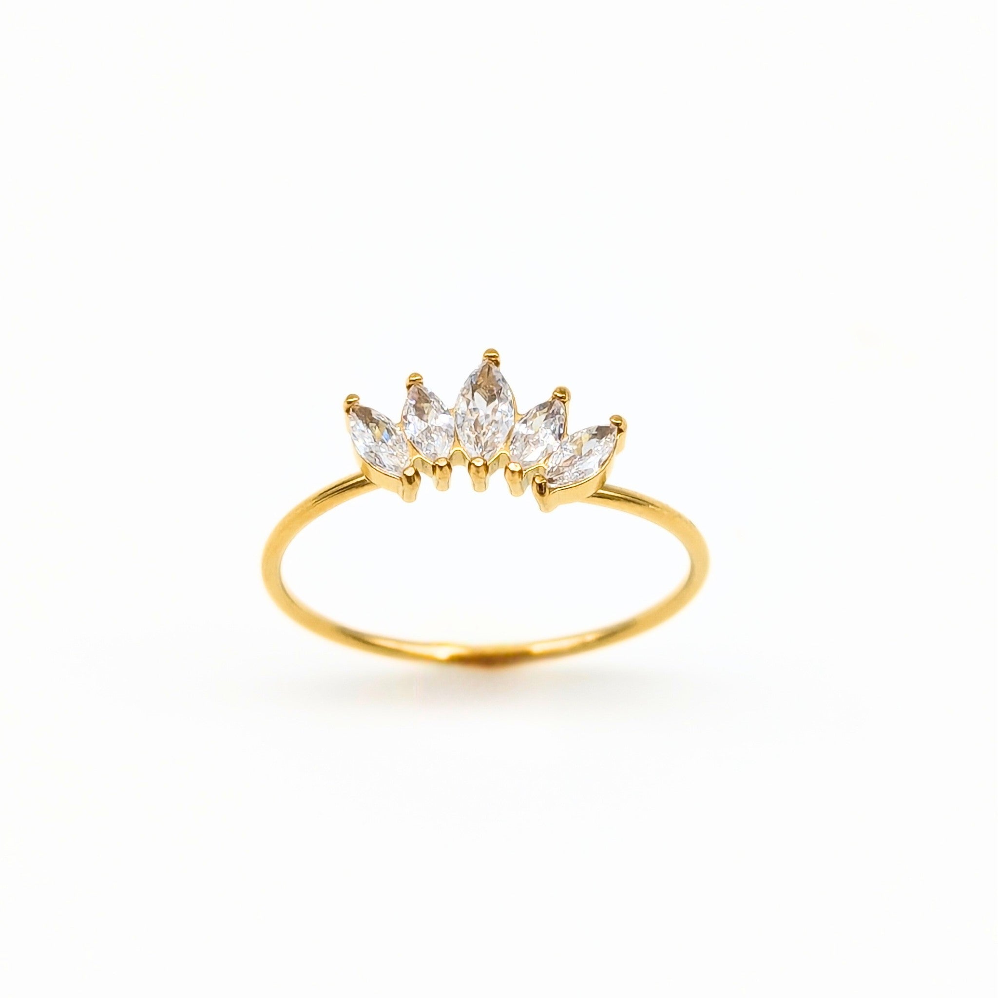 Crown Marquise Ring with five clear gemstones on thin 18k gold plated band