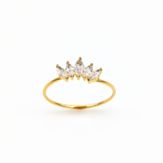 Crown Marquise Ring with five clear gemstones on thin 18k gold plated band