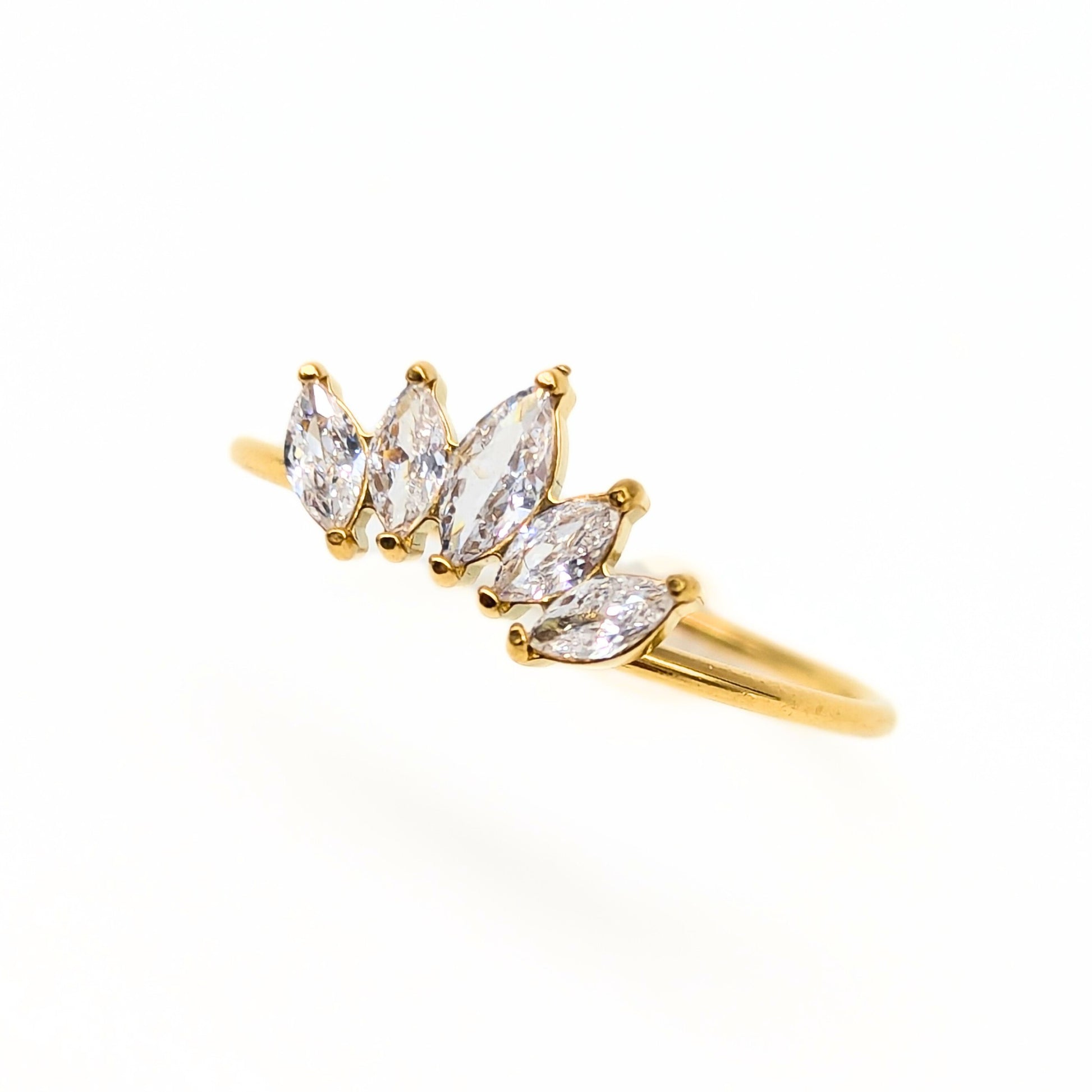 Delicate gold plated crown ring featuring sparkling marquise gemstones