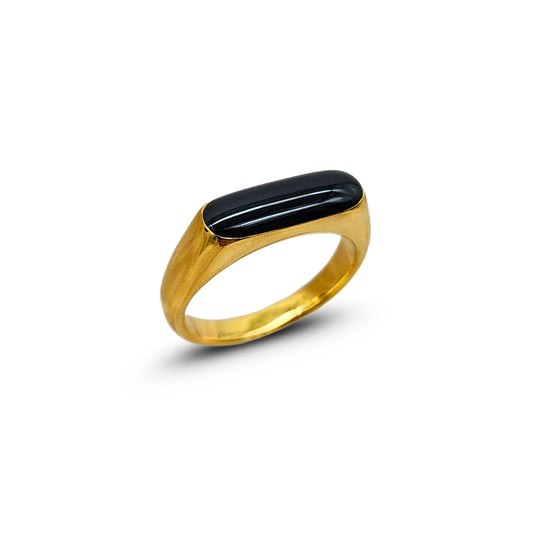 Gold ring with domed glossy black inlay, sculptural modern design