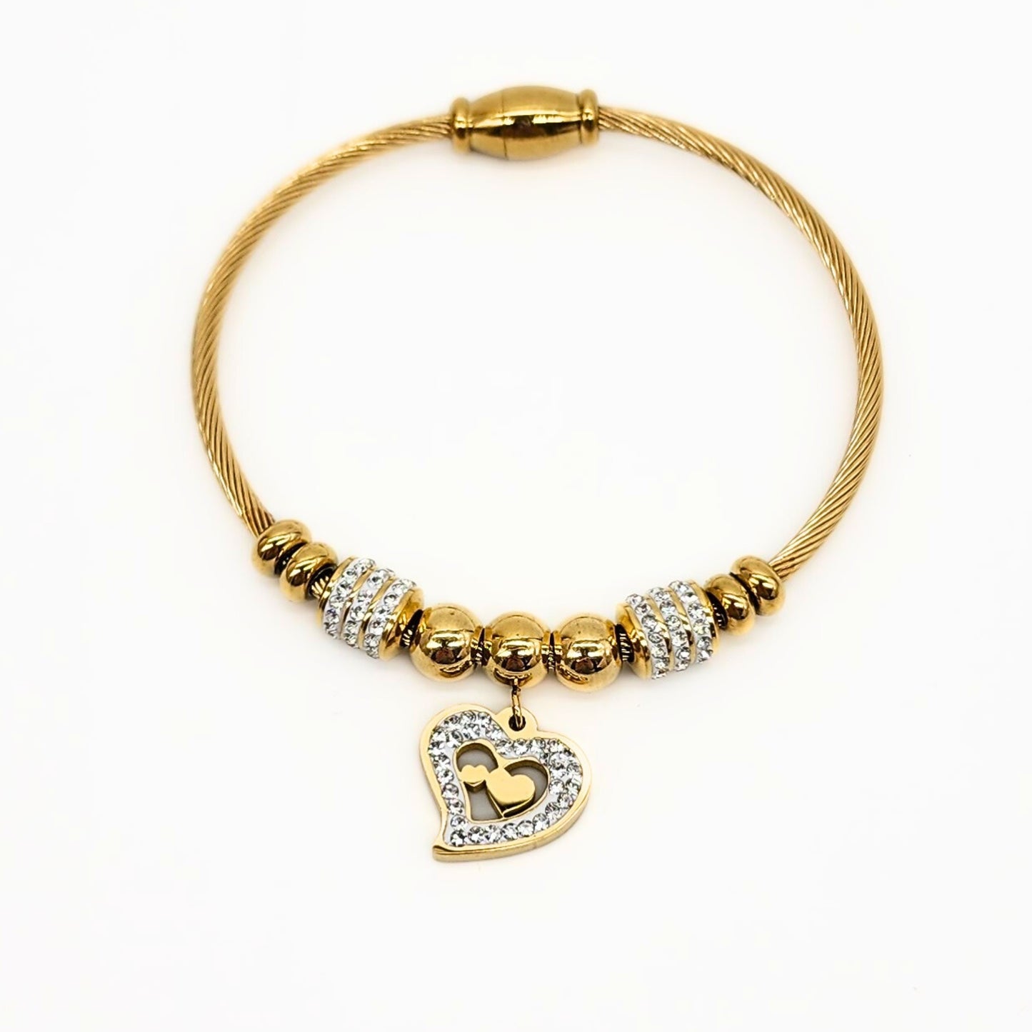 Gold bracelet with single cutout heart charm and crystal accents – Lucky Cookie Jewelry