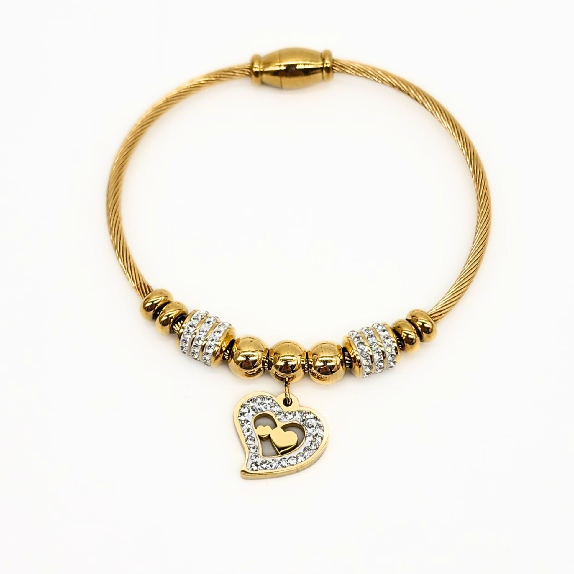 Gold bracelet with single cutout heart charm and crystal accents – Lucky Cookie Jewelry