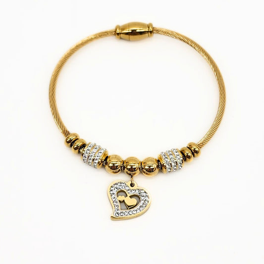 Gold bracelet with single cutout heart charm and crystal accents – Lucky Cookie Jewelry