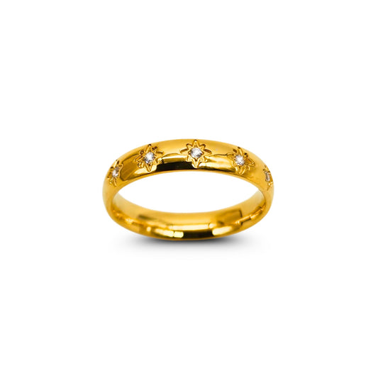 Gold sunburst gemstone ring with five sparkling stones, 3.9mm band