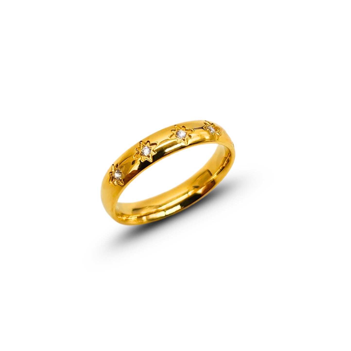 18k gold plated stainless steel ring with sunburst gemstone design
