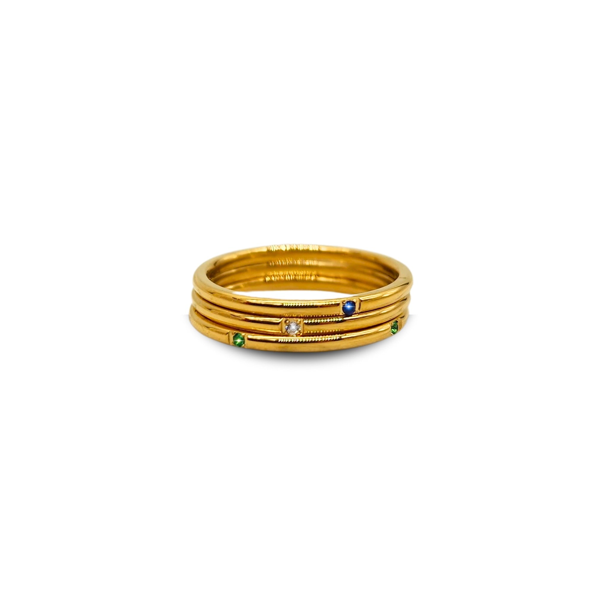 Tri-color gemstone ring set of 3 slim gold bands stacked together