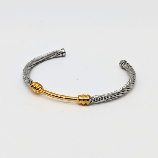 Two-tone rope cuff bracelet with twisted silver and 18K gold center bar